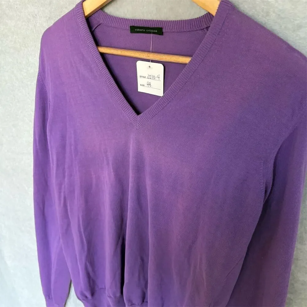 Roberto Collina Unisex V-Neck Cotton and Leather Purple Sweater Size 48